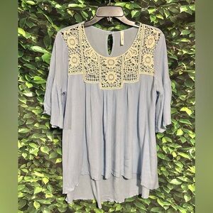 Win Win Apparel Bogo Blouse Pullover Short Sleeve Blue Lace Womens Medium